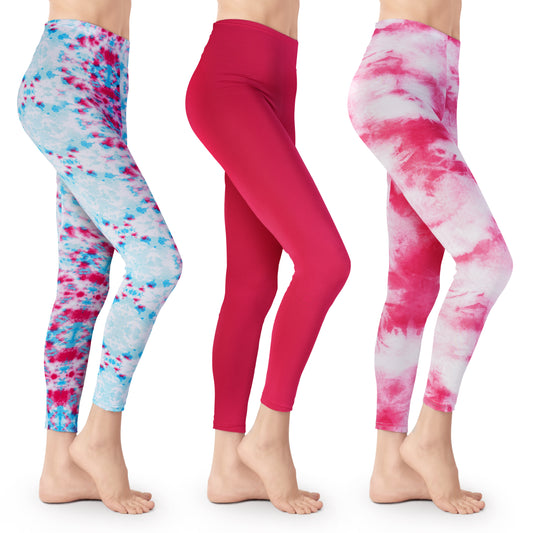 [3 Pack] Tie Dye Leggings for Women Athletic Casual Lounge and Yoga Pants Double Brushed 4-Way Stretch Ultimate Comfort and Buttery Soft Feel